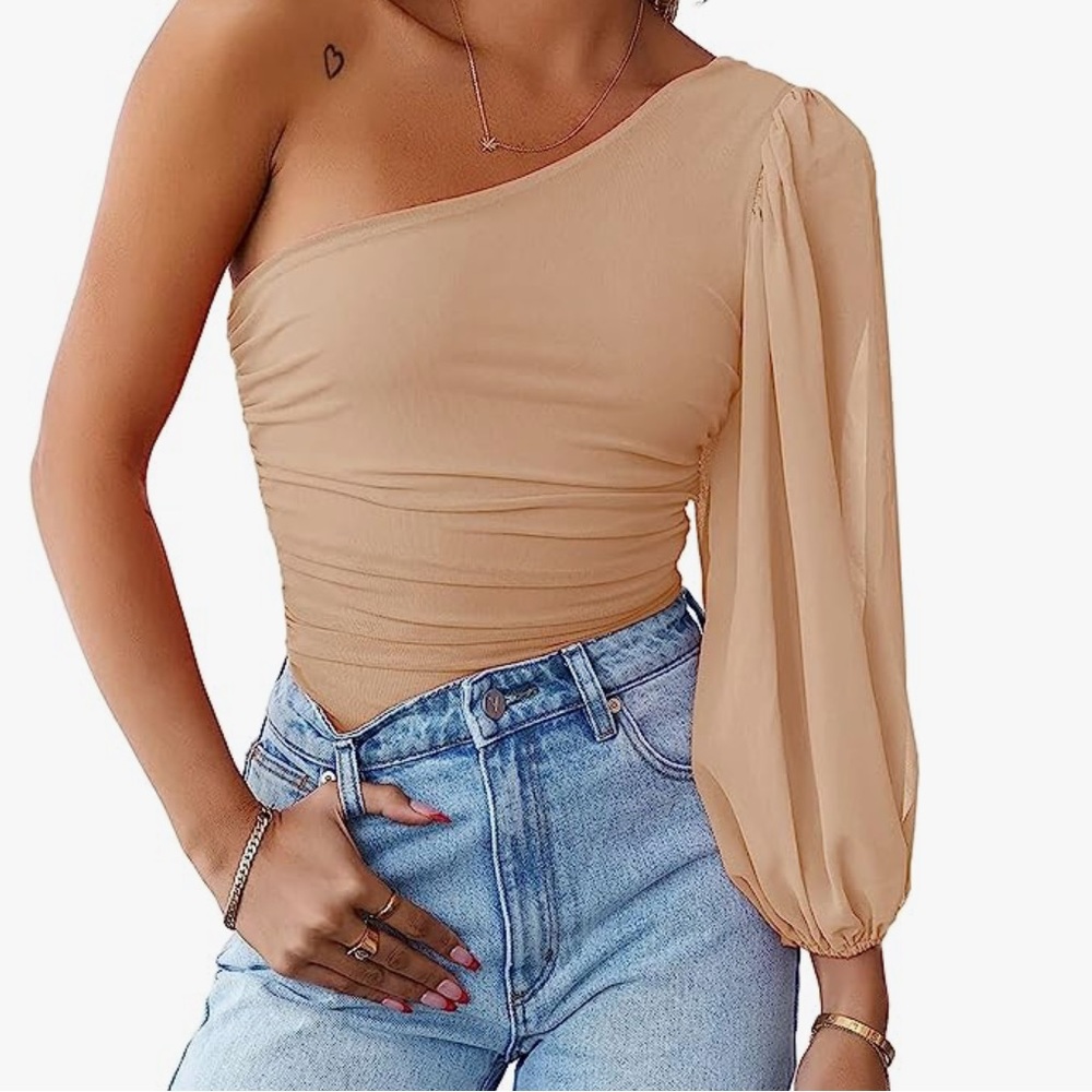 MASCOMODA Mesh One Shoulder Pale Pink Top